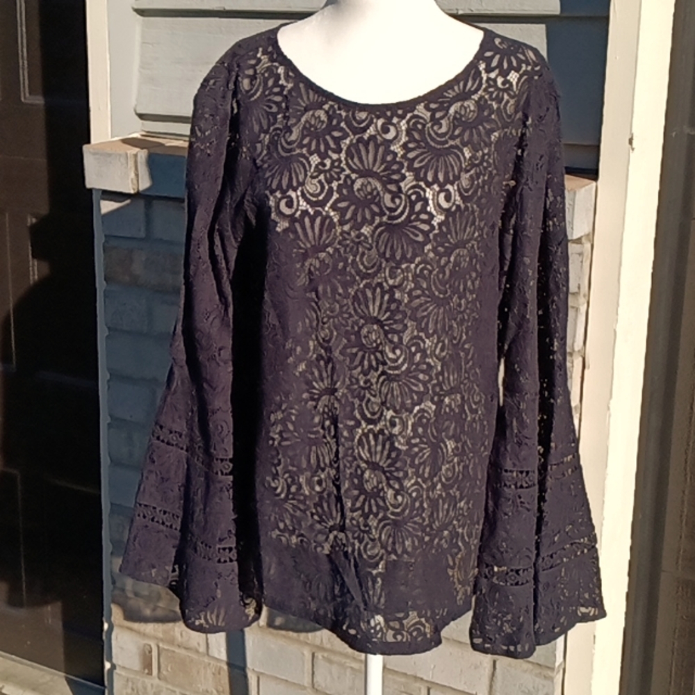 NWT Loft sheer lacy long bell sleeve top size L